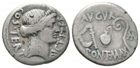 Roman Republic, Julius Caesar, Denarius, Utica?, January-April 46 BC, 3.80g, 17mm. Head of Ceres right, wearing grain wreath / Emblems of the augurate...