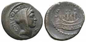 Roman Republic, L. Mussidius Longus, Denarius, Rome, 42 BC, 3.92g, 18mm. Diademed and veiled head of Concordia right; star below chin / Two statues of...