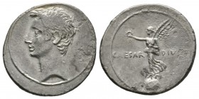 Octavian, Denarius, Rome(?), Autumn 31-summer 30 BC, 3.87g, 19mm. Bare head of Octavian left / Victory standing left on globe, holding wreath and palm...