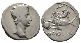 Augustus (27 BC-AD 14), Denarius, Spanish (Colonia Patricia?), 17-16 BC, 3.78g, 18mm. Bare head right / Capricorn left, holding globe attached to rudd...
