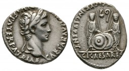 Augustus (27 BC-AD 14), Denarius, Lugdunum, 2 BC-AD 4, 3.82g, 18mm. Laureate head right / Caius and Lucius Caesars standing facing, holding shields an...