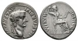 Tiberius (14-37), Denarius, “Tribute Penny” type, Lugdunum, 36-7, 3.72g, 18mm. Laureate head right / Livia (as Pax) seated right, holding sceptre and ...