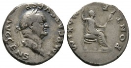 Vespasian (69-79), Denarius, Rome, AD 73, 3.32g, 18mm. Laureate head right / Vespasian seated right on curule chair, with feet on footstool, holding s...