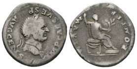 Vespasian (69-79), Denarius, Rome, AD 73, 3.20g, 18mm. Laureate head right / Vespasian seated right on curule chair, with feet on footstool, holding s...