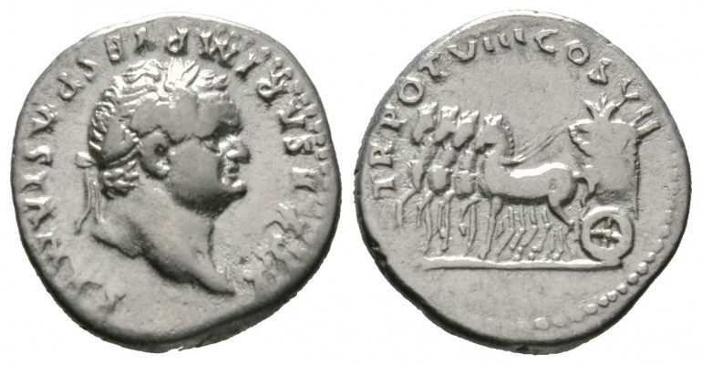 Titus (Caesar, 69-79), Denarius, Rome, AD 79, 3.31g, 17mm. Laureate head right /...
