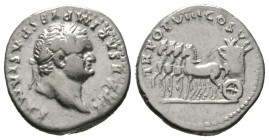 Titus (Caesar, 69-79), Denarius, Rome, AD 79, 3.31g, 17mm. Laureate head right / Slow quadriga left, bearing flower (or grain ears). RIC II 1073 (Vesp...