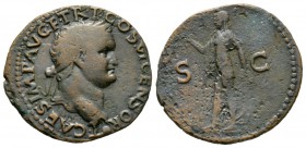 Titus (Caesar, 69-79), As, Lugdunum, 77-8, 8.51g, 28mm. Laureate head right, globe at point of bust / Spes advancing left, holding flower and raising ...