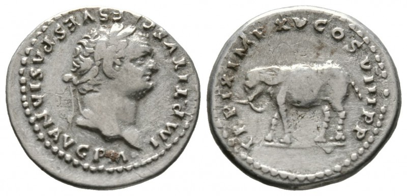 Titus (79-81), Denarius, Rome, AD 80, 3.17g, 18mm. Laureate head right / Elephan...