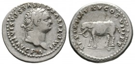 Titus (79-81), Denarius, Rome, AD 80, 3.17g, 18mm. Laureate head right / Elephant advancing left, wearing armor. RIC II 22a; RSC 303. Very fine.