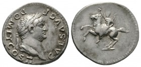 Domitian (Caesar, 69-81), Denarius, Rome, 73-5, 3.45g, 18mm. Laureate head right / Domitian on horseback, rearing left, raising hand and holding carny...