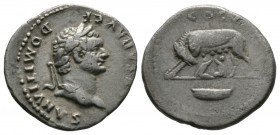 Domitian (Caesar, 69-81), Denarius, Rome, 77-8, 3.15g, 18mm. Laureate head right / She-wolf standing left, head right, suckling the twins (Romulus and...