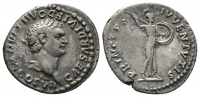 Domitian (Caesar, 69-81), Denarius, Rome, 80-1, 3.03g, 18mm. Laureate head right / Minerva advancing right, brandishing spear and holding shield on ar...