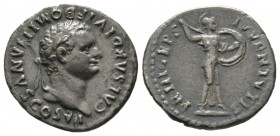 Domitian (Caesar, 69-81), Denarius, Rome, 80-1, 3.32g, 18mm. Laureate head right / Minerva advancing right, brandishing spear and holding shield on ar...