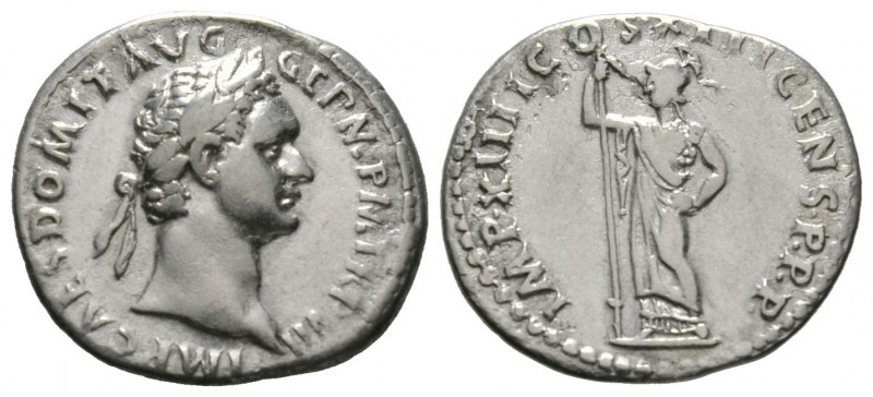 Domitian (81-96), Denarius, Rome, AD 88, 3.22g, 19mm. Laureate head right / Mine...