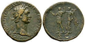 Domitian (81-96), Sestertius, Rome, 92-4, 25.57g, 32mm. Laureate head right / Domitian standing left, holding thunderbolt and spear, being crowned by ...