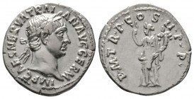 Trajan (98-117), Denarius, Rome, 98-9, 3.37g, 18mm. Laureate head right / Pax standing left, holding olive branch and cornucopia. RIC II 6; RSC 209. G...