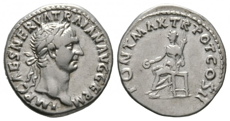 Trajan (98-117), Denarius, Rome, AD 98, 3.31g, 17mm. Laureate head right / Vesta...