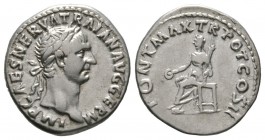 Trajan (98-117), Denarius, Rome, AD 98, 3.31g, 17mm. Laureate head right / Vesta, veiled, seated left, holding patera and torch. RIC II 9; RSC 203. Ve...
