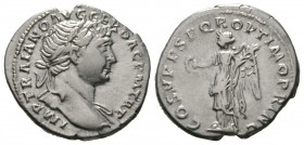 Trajan (98-117), Denarius, Rome, c. 107-8, 3.41g, 19mm. Laureate bust right, slight drapery / Victory standing left, holding wreath and palm frond. RI...