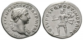 Trajan (98-117), Denarius, Rome, c. 107-111, 3.20g, 19mm. Laureate bust right, with drapery on far shoulder / Mars advancing left, holding crowning Vi...