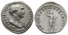 Trajan (98-117), Denarius, Rome, 112-4, 3.07g, 19mm. Laureate bust right, aegis on far shoulder / Virtus standing right, holding reversed spear and pa...