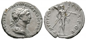 Trajan (98-117), Denarius, Rome, 114-6, 3.06g, 18mm. Laureate and draped bust right / Mars advancing right, holding transverse spear and trophy over s...