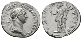 Trajan (98-117), Denarius, Rome, AD 116, 3.50g, 18mm. Laureate head right / Pax standing left, holding olive branch and cornucopia. RIC II 343; RSC 27...