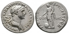 Trajan (98-117), Denarius, Rome, 116-7, 3.33g, 18mm. Laureate and draped bust right / Providentia standing facing, head left, leaning on draped column...