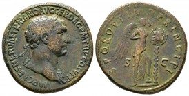 Trajan (98-117), Sestertius, Rome, 104/5-107, 26.05g, 35mm. Laureate bust right, slight drapery / Victory standing right, foot on helmet, leaning hand...