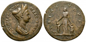 Diva Marciana (died AD 112/4), Sestertius, Rome, 112-7, 28.87g, 36mm. Draped bust right, wearing elaborate coiffure / Matidia as Pietas standing facin...