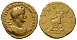 Hadrian (117-138), Aureus, Rome, AD 118, 7.03g, 18mm. Laureate, draped and cuirassed bust right / Concordia, draped seated left on throne, holding pat...