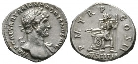 Hadrian (117-138), Denarius, Rome, AD 118, 3.13g, 18mm. Laureate bust right, slight drapery / Justitia seated left, holding patera and sceptre. RIC II...