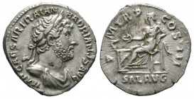 Hadrian (117-138), Denarius, Rome, 119-125, 3.34g, 18mm. Laureate and draped bust right / Salus seated left on throne, holding patera and feeding snak...