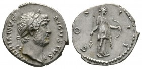 Hadrian (117-138), Denarius, Rome, 124-8, 2.99g, 17mm. Laureate head right, slight drapery / Diana standing right, holding bow and arrow. RIC II 147; ...