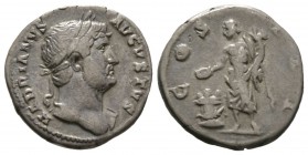 Hadrian (117-138), Denarius, Rome, c. 124-8, 3.22g, 17mm. Laureate bust right, slight drapery / Genius standing left, sacrificing from patera over lig...