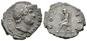 Hadrian (117-138), Denarius, Rome, 124-8, 3.36g, 19mm. Laureate head right, slight drapery on far shoulder / Pudicitia, veiled, seated left. RIC II 17...