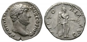 Hadrian (117-138), Denarius, Rome, 134-8, 2.94g, 17mm. Bare head right / Victory advancing right, pulling out dress and holding branch. RIC II 282; RS...