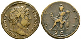 Hadrian (117-138), Sestertius, Rome, c. 124-8, 25.30g, 33mm. Laureate bust right, slight drapery / Roma seated left on cuirass, foot on helmet, holdin...