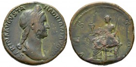 Sabina (Augusta, 128-136), Sestertius, c. 128-134, 26.60g, 31mm. Diademed and draped bust right / Vesta seated left, holding palladium and sceptre. RI...