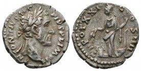 Antoninus Pius (138-161), Denarius, Rome, 157-8, 3.37g, 16mm. Laureate head right / Annona standing left, holding corn ears and rudder on prow; modius...