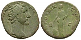 Antoninus Pius (138-161), Dupondius, Rome, 155-6, 11.27g, 26mm. Radiate head right / Providentia standing left, pointing at large globe and holding sc...