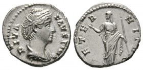 Diva Faustina Senior (died 140/1), Denarius, Rome, c. 146-161, 3.24g, 16mm. Draped bust right / Aeternitas (or Juno) standing left, raising hand and h...