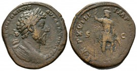 Marcus Aurelius (161-180), Sestertius, Rome, AD 165, 22.15g, 33mm. Laureate and cuirassed bust right / Mars standing right, holding spear and shield s...