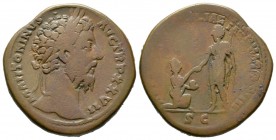 Marcus Aurelius (161-180), Sestertius, AD 173. Laureate head right / Aurelius standing left, raising kneeling figure of Italia who holds a globe. RIC ...