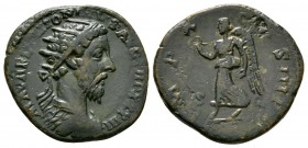 Marcus Aurelius (161-180), Dupondius, Rome, AD 180, 8.40g, 25mm. Radiate, draped and cuirassed bust right / Victory advancing left, holding wreath and...