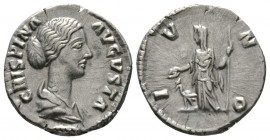 Crispina (Augusta, 178-182), Denarius, Rome, c. 178-182, 3.12g, 17mm. Draped bust right / Juno standing left, holding patera and sceptre; to left, pea...