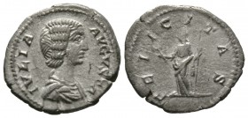 Julia Domna (Augusta, 193-217), Denarius, Rome, 200-211, 3.19g, 19mm. Draped bust right / Felicitas standing left, holding caduceus and sceptre. RIC I...