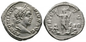 Caracalla (198-217), Denarius, Rome, AD 207, 3.70g, 18mm. Laureate head right / Caracalla standing right, holding reversed spear and parazonium; at fe...