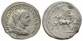 Caracalla (198-217), Antoninianus, Rome, AD 215, 5.16g, 22mm. Radiate and cuirassed bust right / Luna, with fold of drapery floating above head, drivi...