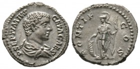 Geta (Caesar, 198-209), Denarius, Rome, 205-8, 3.29g, 19mm. Bareheaded and draped bust right / Minerva standing left, holding shield set on ground and...